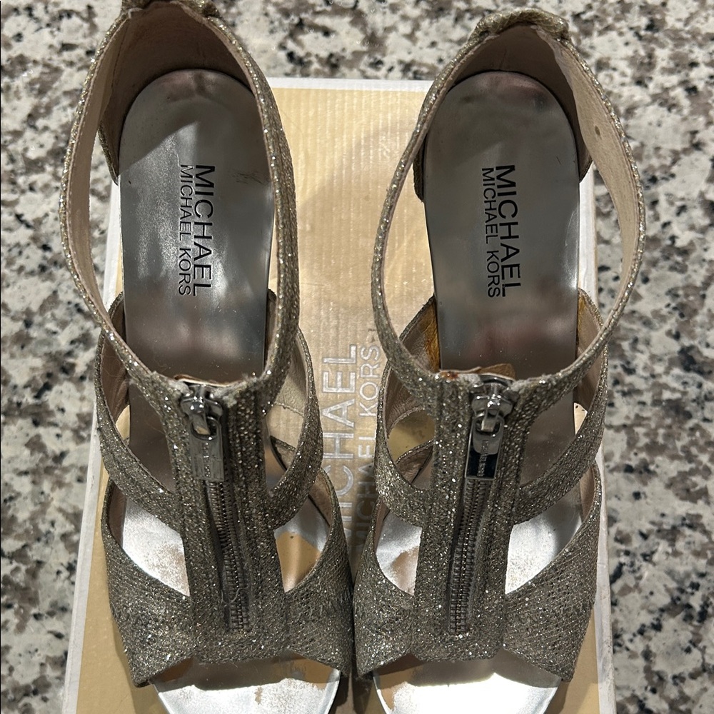 Michael Kors Silver Glitter T-Strap High Heels - Picture 6 of 7